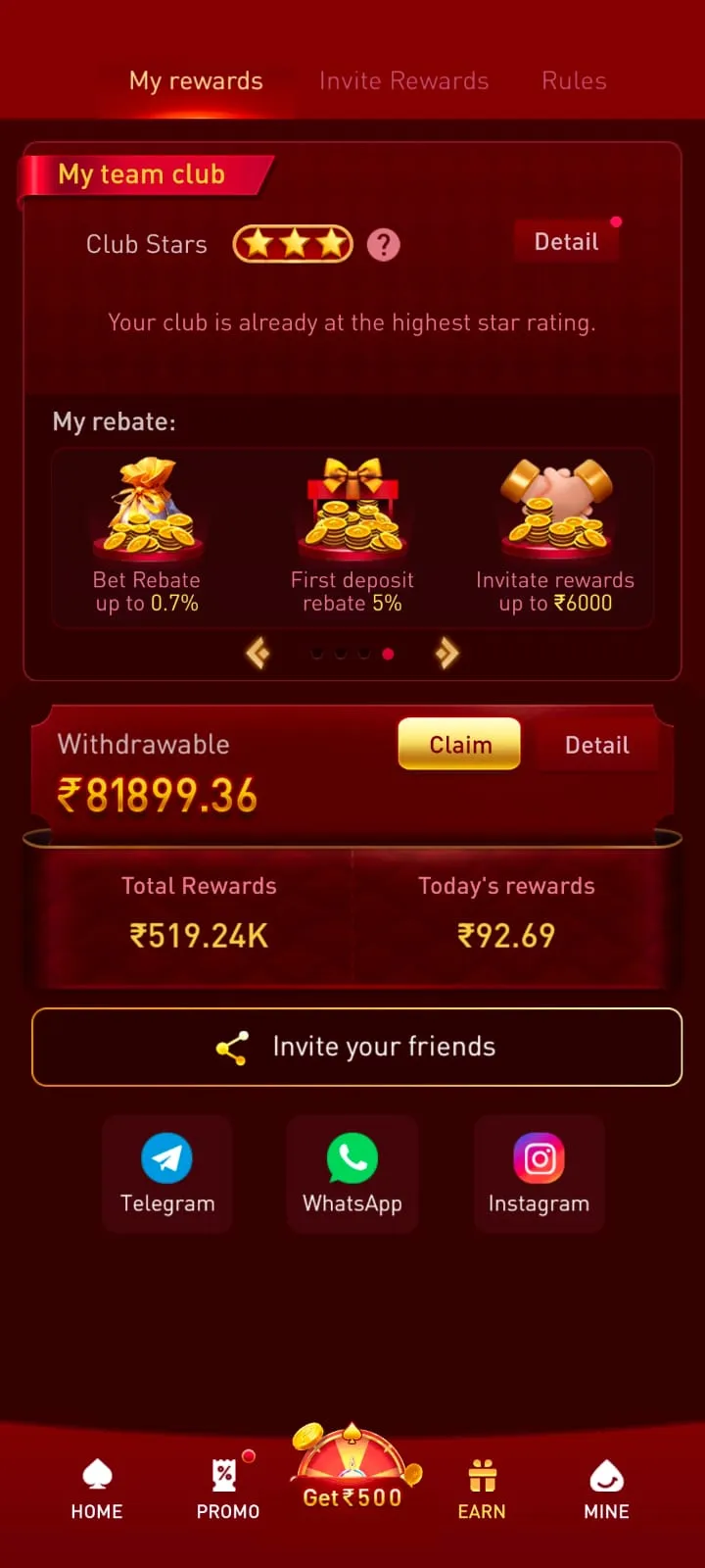 WG777 Game app rewards screen and user interface now.