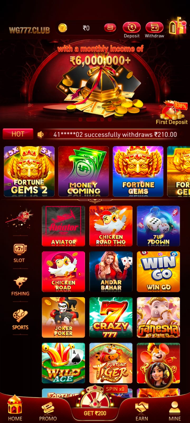 WG777 Club mobile app dashboard showing slot machine games